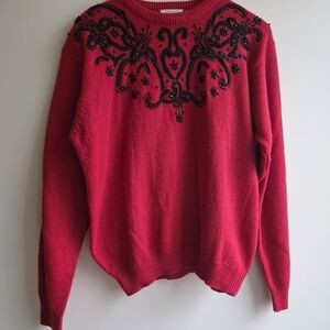 ALFRED DUNNER Womens Pullover Sweater Size Large Red Black Sequin Holiday Cozy